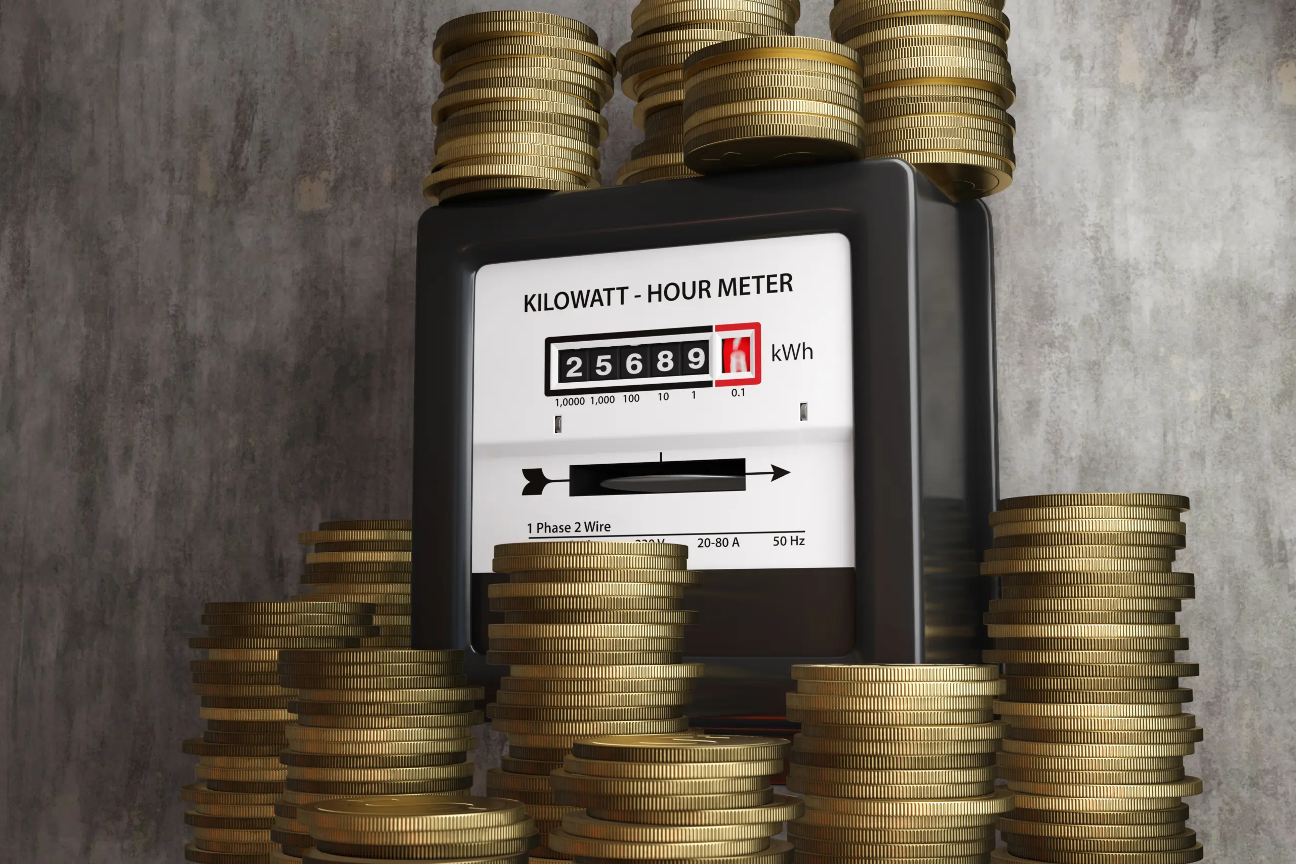 Stacks of gold coins around an electric meter. Illustration of the concept of increasing household energy bills. Electricity bills and the first step to get started